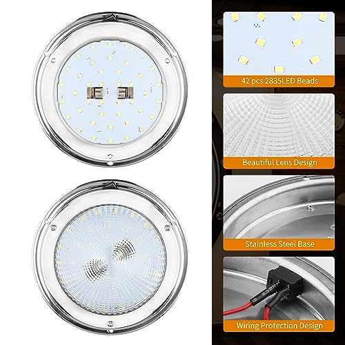 12V Marine Dome Light with Stainless Steel Base and White LED, 5.5 Inch Surface Mount
