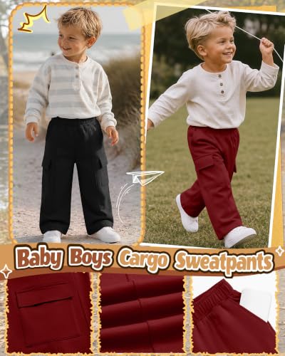 Toddler Boys' Cargo Sweatpants 4 Pack with Pockets - Size 2T, Red Gray Blue