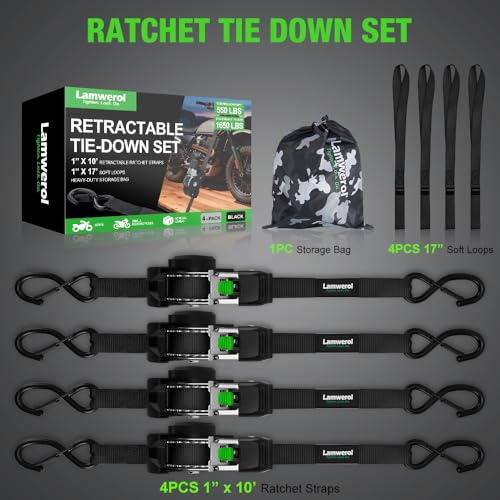 Retractable Ratchet Straps 1in x 10ft Black - 1650lb Break Strength, Auto-Rewind