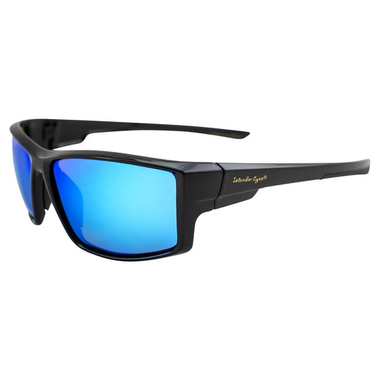 Islander Eyes Belize Polarized Sunglasses for Men or Women Sporty Wraparound Black Frame w/Blue Mirror Lens