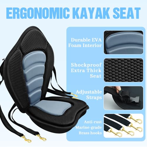 Kayak Seat Deluxe Padded Fishing Boat Seat with Backrest, Storage & Adjustable Straps - Set of 1