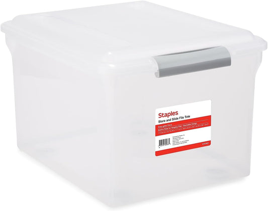 TRU RED Staples Store & Slide Hanging File Box, Latch Lid, Letter/Legal Size, Clear