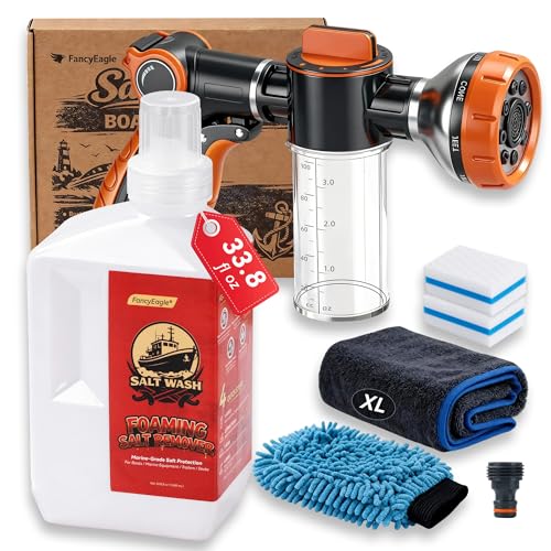 5-in-1 Salt Remover Wash Kit for Boats and Vehicles - pH Neutral Marine Cleaner with Foam Sprayer, Towel, Mitt & Erasers