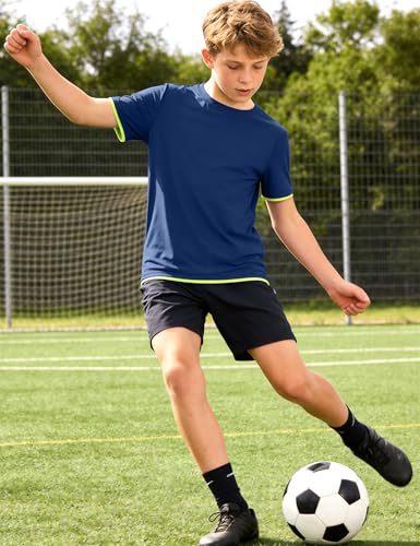 Boys Athletic Mesh Shirt - Quick Dry Short Sleeve Sports Tee - Navy 13-14 Years