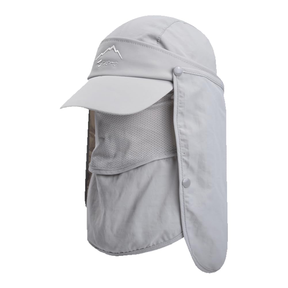 Fishing Hat Sun Cap Men Women Outdoor Hiking Hat with Removable Mesh Mask Neck Flap Cover, UPF 50+ for Sun Protection Light Grey