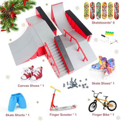 14 in 1 Fingerboard Skate Park Ramp Kit, Finger Skateboards Toys with Scooter Bike Skate Canvas Shoes Finger Shorts, Mini Fingerskateboards Training Props Interactive Skate Game for Kids Adults