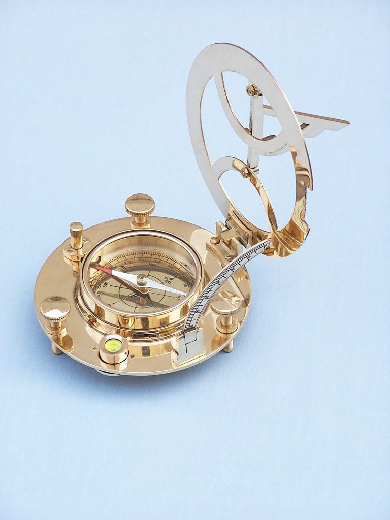 Hampton Nautical Antique Brass Round Sundial Compass with Rosewood Box, 6"