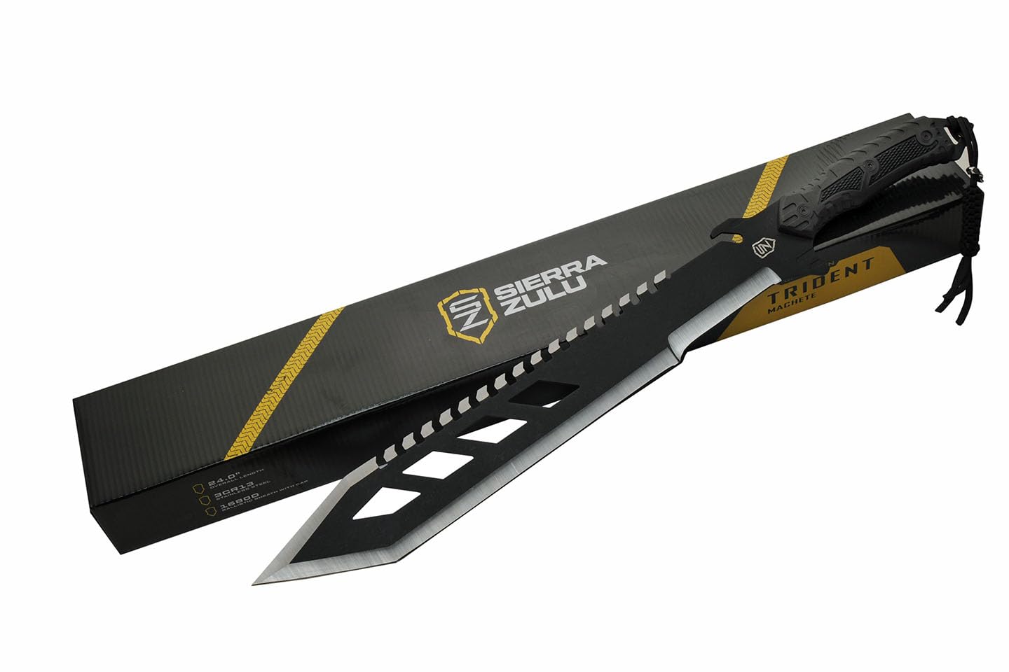 Sierra Zulu Trident Machete - Stainless Steel, 24.0 inches Overall, Modified Tanto Blade with Saw Tooth Back Edge - Tactical Nylon Sheath with Reversible Wear Strap