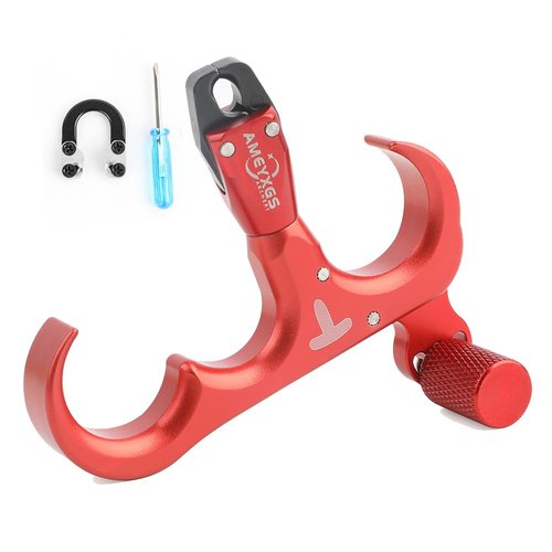 SHARROW Compound Bow Release Aid and D Loop 360° Rotatable Thumb Release Aluminium Alloy 3 Finger Thumb Trigger for Right Hand and Left Hand Compound Bow Accessory (Red)