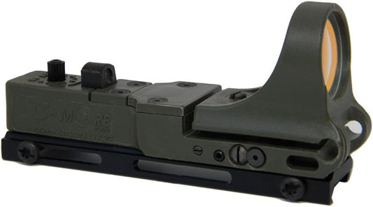 C-MORE Systems Railway Red Dot Sight, Standard Intensity Switch, 6 MOA, 1x Magnification, Made of Polymer, Ultra Bright, All Weather, Waterproof, Lightweight, Olive Drab Green