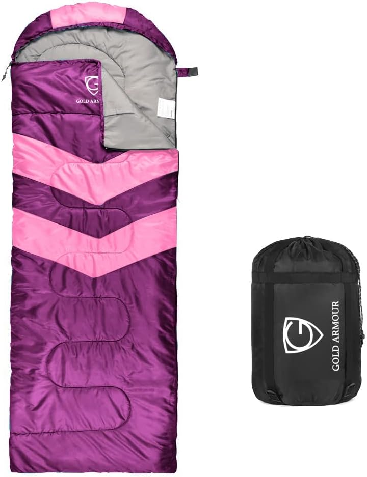 Gold Armour Sleeping Bags for Adults Cold Weather & Warm - Backpacking Camping Sleeping Bag for Kids 10-12, Girls, Boys - Lightweight Compact Camping Essentials Gear Accessories, Left Zipper
