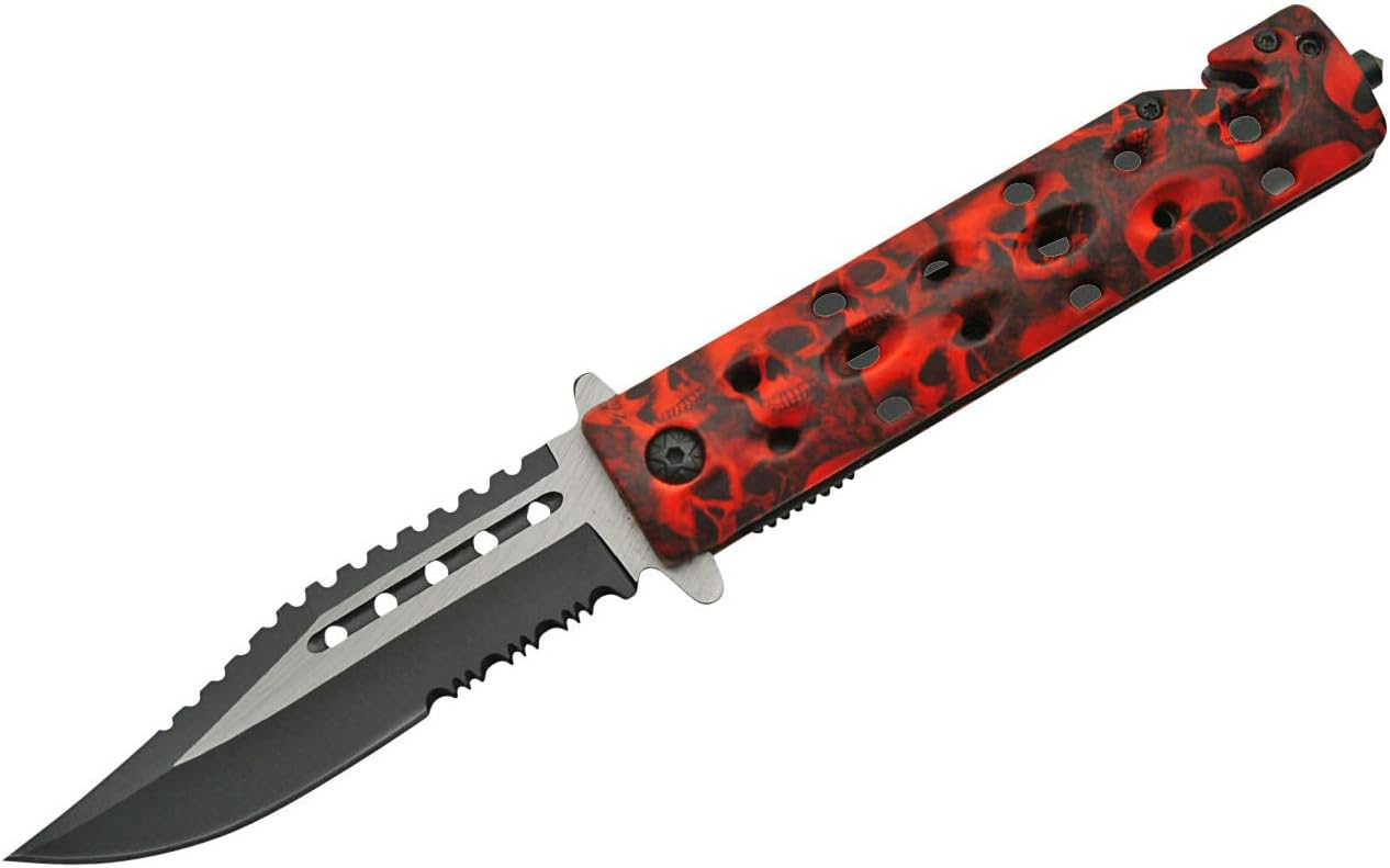 SZCO Supplies Assisted Opening Skull Knife - 8.5" Red & Black Tactical Folding Knife with Stainless Steel Blade, Seat Belt Cutter, Glass Breaker, and Pocket Clip - Skull Design EDC Knife
