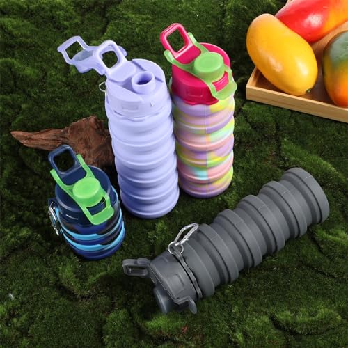 Foldable 16 oz Silicone Water Bottles Set with Metal Clip – Reusable Travel Hydration Cups