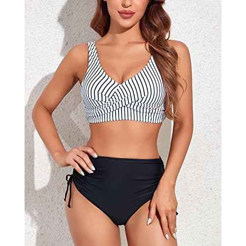 Fanuerg Women's Twist Front High Waisted Bikini Swimsuit Drawstring Tie Side Bottom Two Piece Bathing Suit