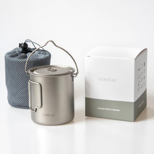 COMTAI 750ml/26oz Titanium Camping Pot with Lid and Foldable Handle, Ultralight Camping Mug for Hiking, Backpacking, Outdoor Cooking, and Travel