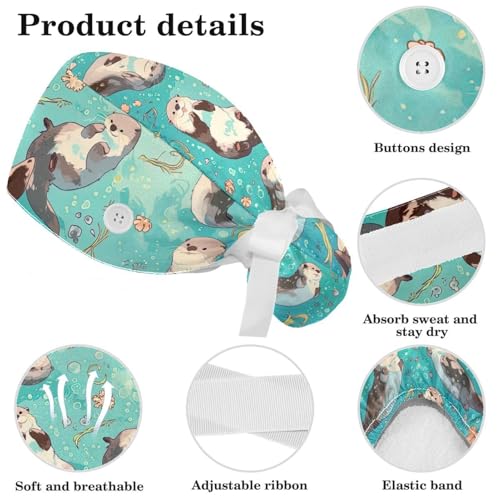Scrub Caps Women, Adjustable Surgical Caps with Ponytail Pouch, Working Cap with Bow Hair Scrunchy, Bouffant Hat with Buttons, Otter Ocean Animal Cartoon Cute Turquoise