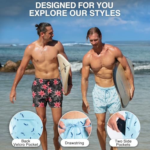 Men's 5 Inch Adventure Swim Trunks with UPF 50+ Quick-Dry Fabric - Large Sharks Blue