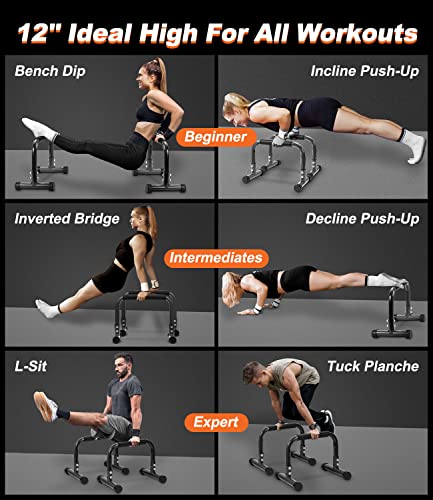 Black 12-Inch Parallettes Push Up Bars for Home Gym & Calisthenics