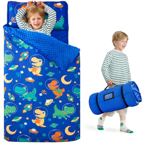 Toddler Nap Mat with Removable Pillow & Minky Blanket - Dark Blue Dinosaur