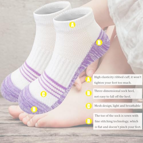 Girls Socks 12 Pairs Ankle Athletic Socks for Running & Sports – White, 6 Colors, 7-10 Years