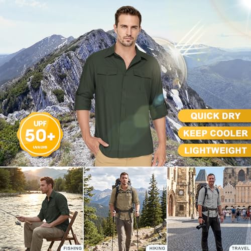 Men Sun Protection Safari Fishing Shirts Long Sleeve UPF50+ UV Lightweight Quick Dry Hiking Travel Army Green X-Large
