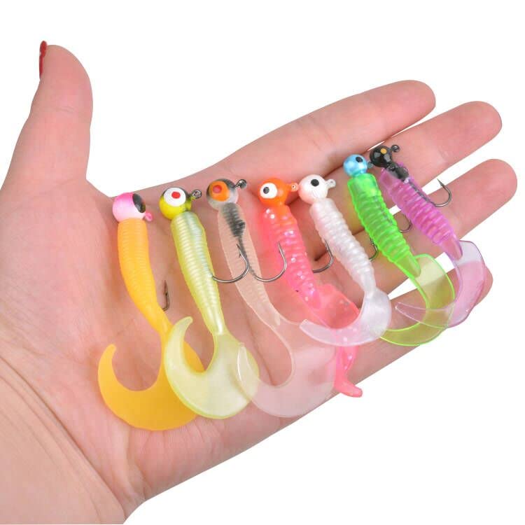 Soft Plastic Fishing Lure Jig Head Hook Kit,Grub Worm Lures Crappie Jigs Head Grub Tail Swimbait Tube Bait Jigs for Saltwater Freshwater, Trout Crappie Fishing 17pcs