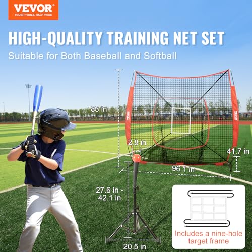 VEVOR Softball Practice Net, Portable Baseball Training Net for Hitting, Batting, Catching, Pitching - Backstop Equipment with Bow Frame, Carry Bag, Strike Zone, Batting Tee