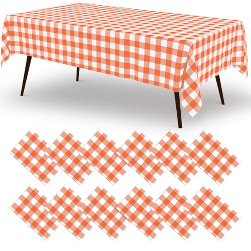 Orange and White Buffalo Gingham Plastic Disposable Table Cloth 54 x 108 Inches - 12 Pack