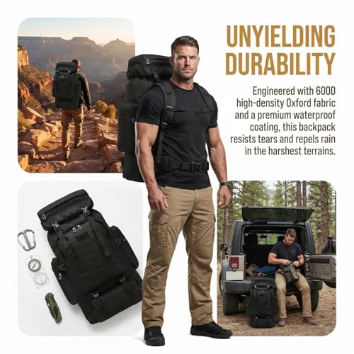 70L Waterproof Hiking Backpack for Men - Black, Camping & Outdoor Gear