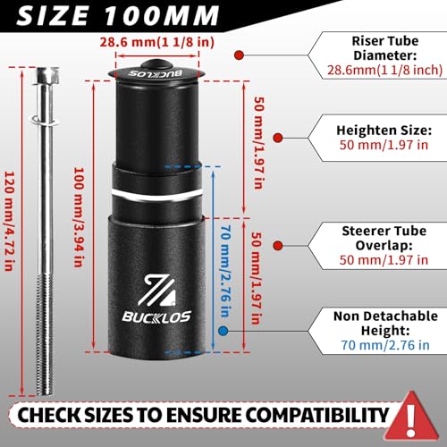 BUCKLOS Bike Stem Riser Extender MTB, 1-1/8" 28.6mm Bike Fork Stem, Handlebar Stem Aluminum Adapter for Mountain Bike, Road Bike, MTB, BMX