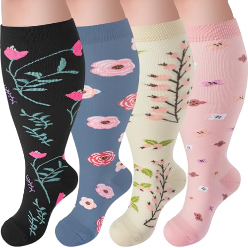 Plus Size Compression Socks XX-Large White Flower Knee High 20-30 mmHg Circulation Socks for Men Women