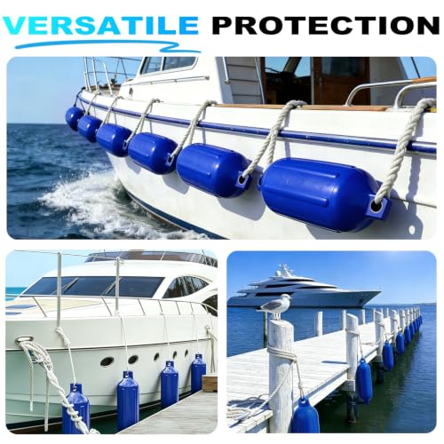Navy Blue Boat Fenders 4-Pack with Ropes - 6.5x23 Inch Ribbed Twin Eye Marine Bumpers