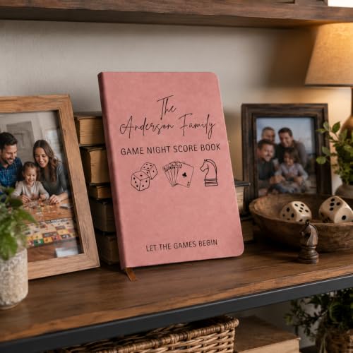 Personalized Game Night Score Book with Family Name - Faux Leather A5 Notebook for Board Games Lovers - Customizable, Compact, Perfect Gift