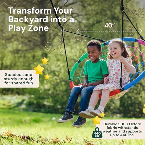 PlayVibe Multicolor Spider Web Tree Swing - 40 Inch Saucer, 440 lb Capacity