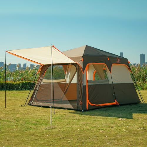 KTT Instant Tent 6 Person(B),Large Family Cabin Tents,Automatic Tent Build Quickly in 60S,2 Rooms,2 Top Windows,3 Doors and 3 Windows with Mesh,Waterproof,Big Tents for Outdoor,Picnic,Camping(Brown)