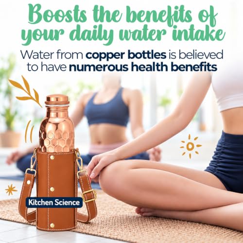 Copper Water Bottle with Leather Sling - 34oz Ayurvedic Honeycomb Design, Tan Brown
