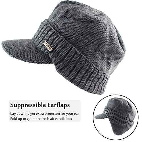 Winter Beanie w/Visor & Earflaps for Men Outdoor Fleece Hat Scarf Set