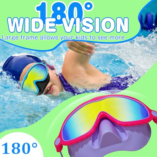 Kids Swim Goggles with Nose Cover 2-Pack Mirrored Blue & Purple Anti-Fog UV