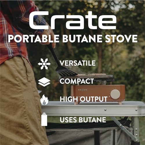 Gas One Butane Fuel Camp Stove – Crate Series - Mini Stove for Camping, Hiking – Portable Gas Stove with Spiral Flame – Even Heat Distribution – Modern and Easy to Use (Brown)