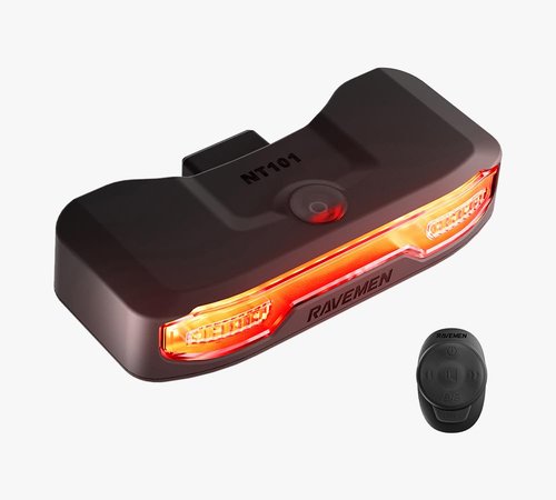 RAVEMEN NT101 Bike Tail Light with Turn Signals 160lm Rear Bicycle Light with Bike Horn Alarm for Seatposts/Cargo Rack, Auto ON/Off Bike Brake Light Ground Warning Lights for Night Riding Safety