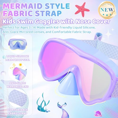 Kids Swim Goggles with Nose Cover - Blue-Purple Mermaid Scales Patterned, No Leak, UV & Anti-Fog