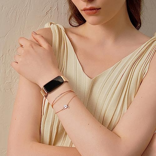 Rose Gold Metal Mesh Watch Band Compatible with Fitbit Inspire 3 & 2, Adjustable Strap