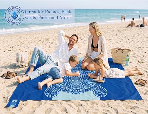 Blue Sea Turtle Beach Blanket Waterproof Sandproof with Stakes & Carry Bag