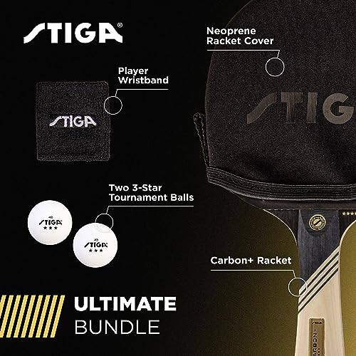 STIGA Carbon+ Bundle Ping Pong Paddle Set ? 7-ply Extra Light Carbon Fiber Blade ? 2mm Premium Sponge ? Concave Pro Handle ? 2 3-Star Tournament Balls ? Neoprene Racket Cover ? Player Wristband