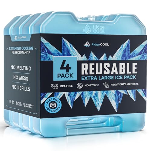 XL 4-Pack Reusable Large Ice Packs for Coolers - Long Lasting Freezer Ice Blocks for Camping, Beach & Road Trips
