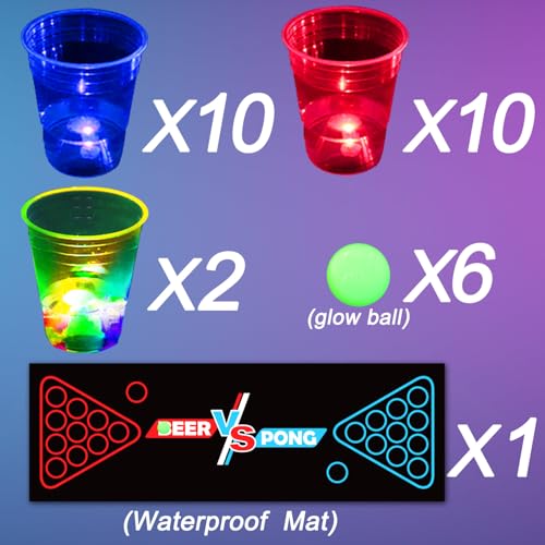 Glow in the Dark Beer Pong Set with Light-Up Cups & Pongs for Party Indoor Outdoor
