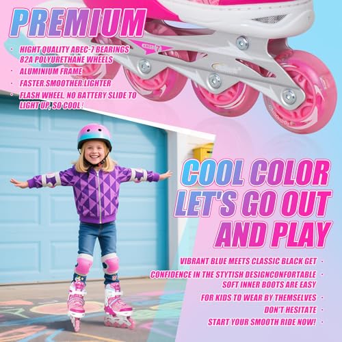 Kids Adjustable Inline Skates Pink Large US 5-8 with Light Up Wheels