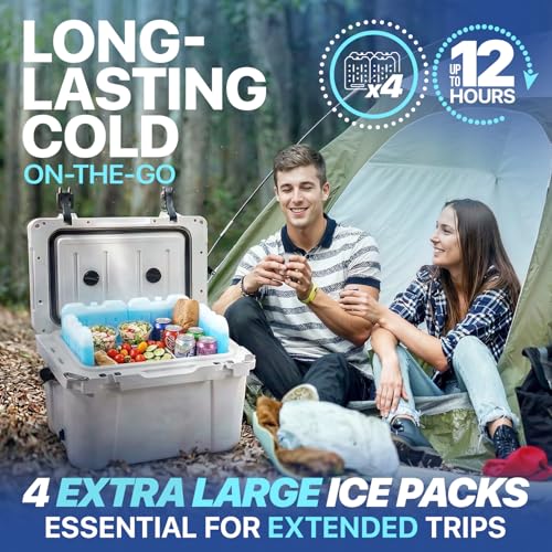XL 4-Pack Reusable Large Ice Packs for Coolers - Long Lasting Freezer Ice Blocks for Camping, Beach & Road Trips
