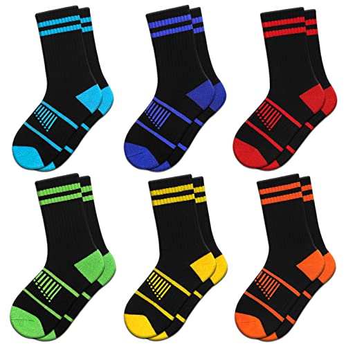 Comfoex Boys Crew Socks - Athletic Half Cushioned Calf Socks for 7-10 Years, Black - 6 Pairs