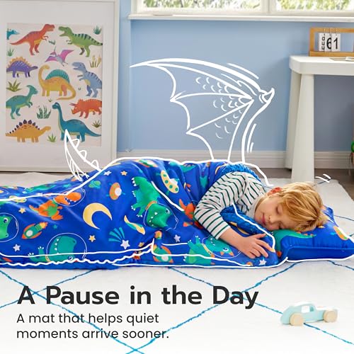 Toddler Nap Mat with Removable Pillow & Minky Blanket - Dark Blue Dinosaur